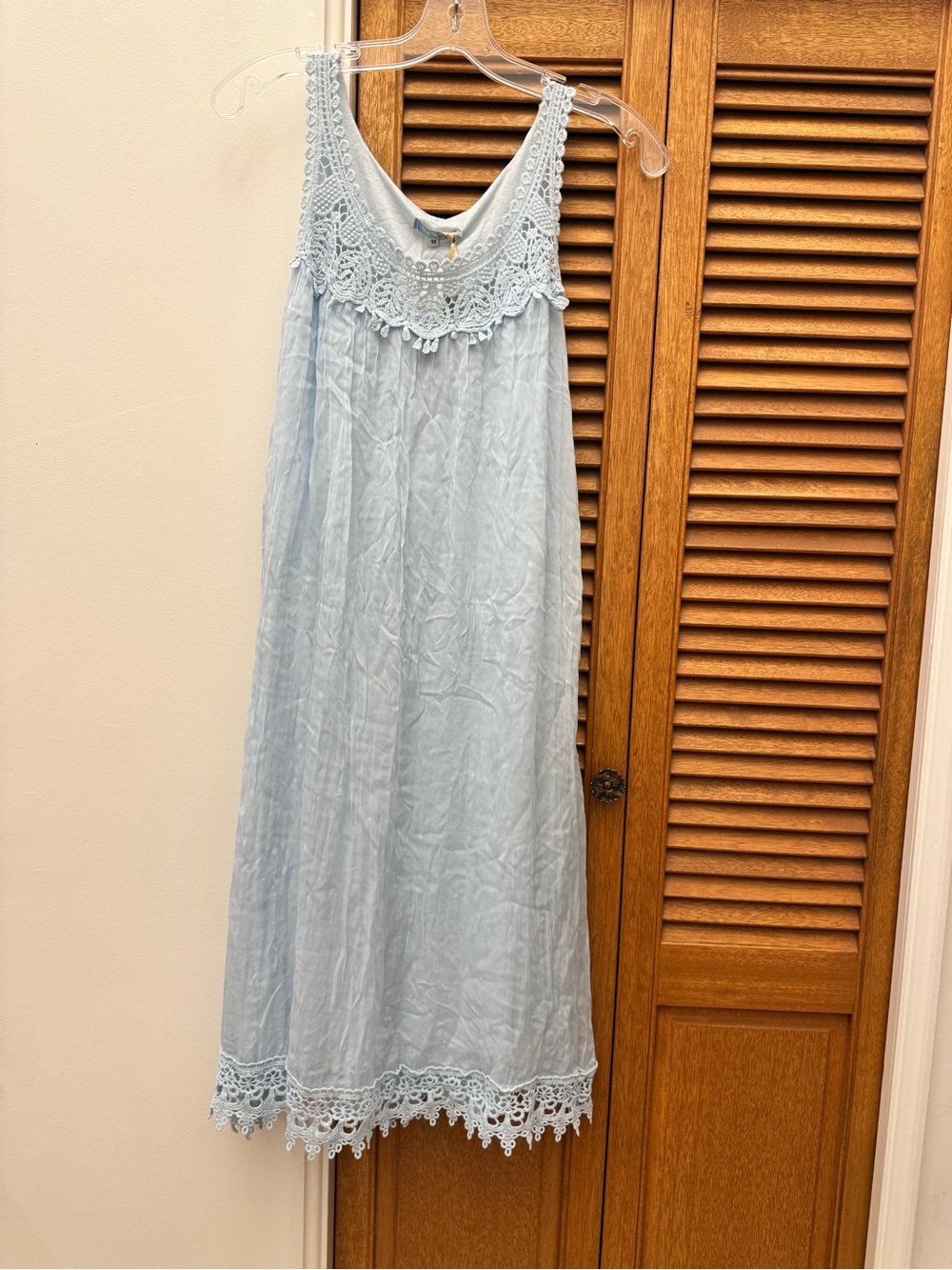 Sleeveless Light Blue Silk Crochet-Trim Maxi Dress Size M